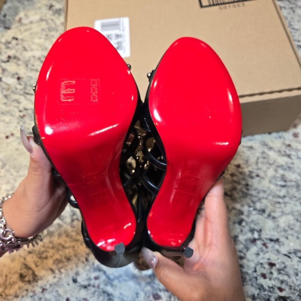 NEW Christian Louboutin Amazoubille Ghille Cage Black Studded Heels Size 7.5 - Picture 10 of 13